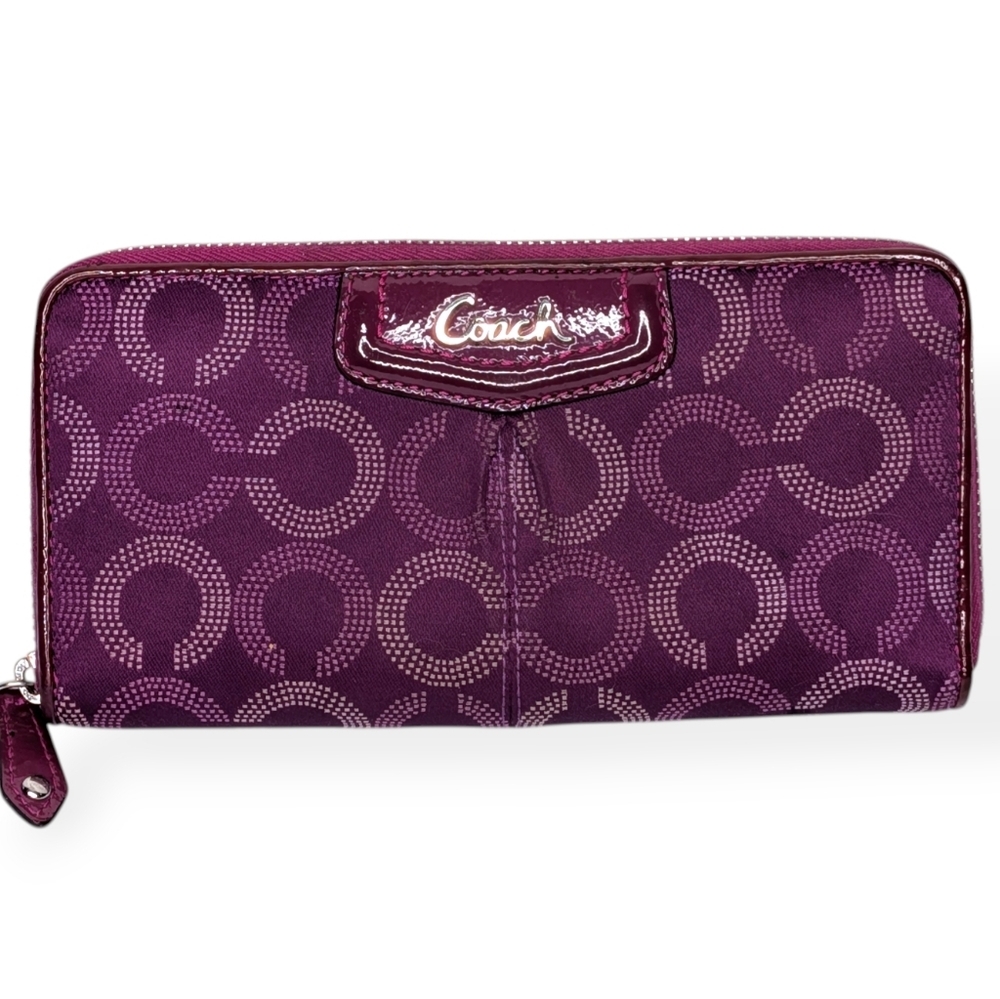 Coach Ashley Op Art Dotted Signature C Zip Around Accordion Wallet Purple Satin - Picture 3 of 16